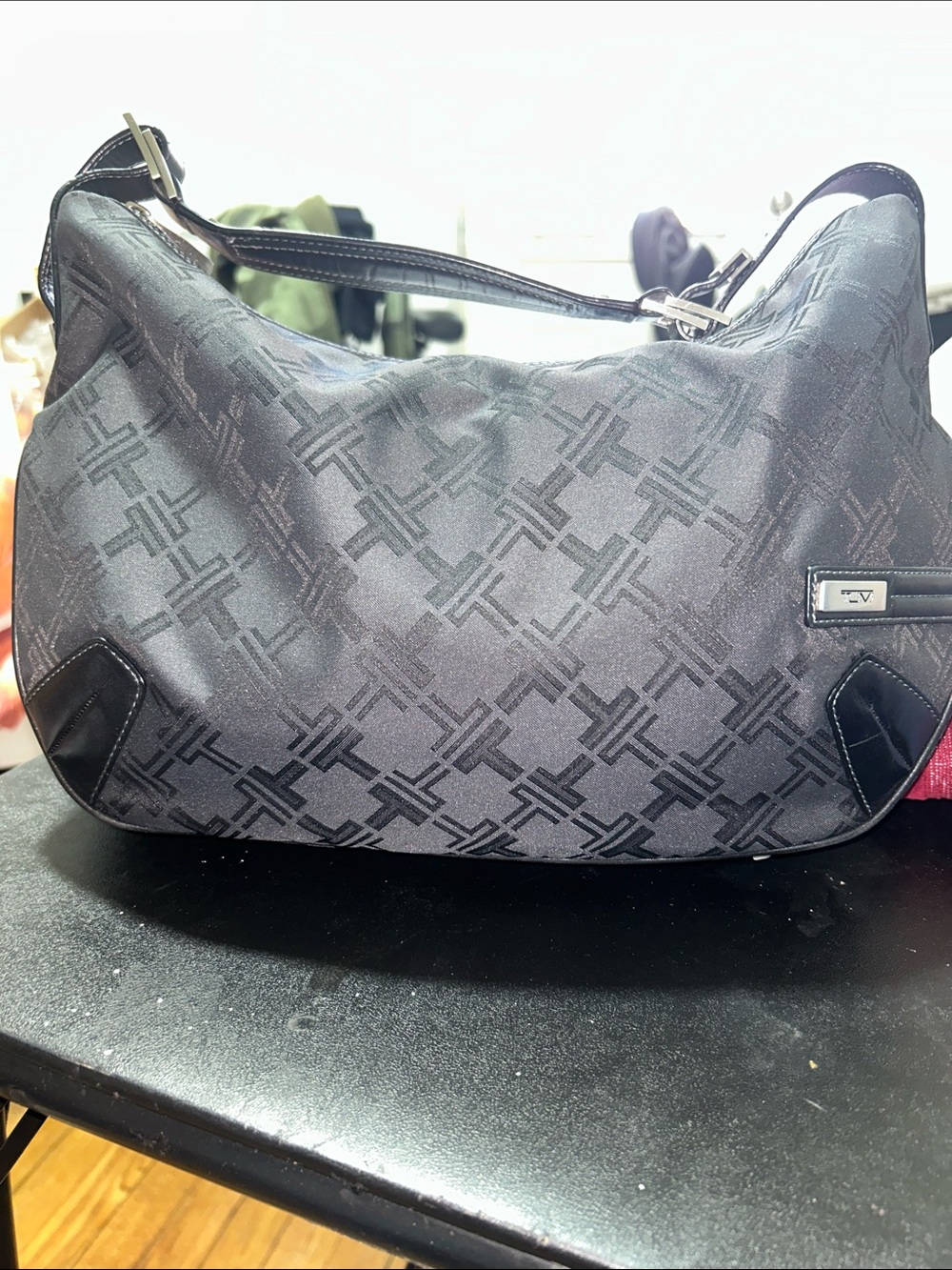 Tumi Black Patterned Hobo Shoulder Bag with Blue Lining